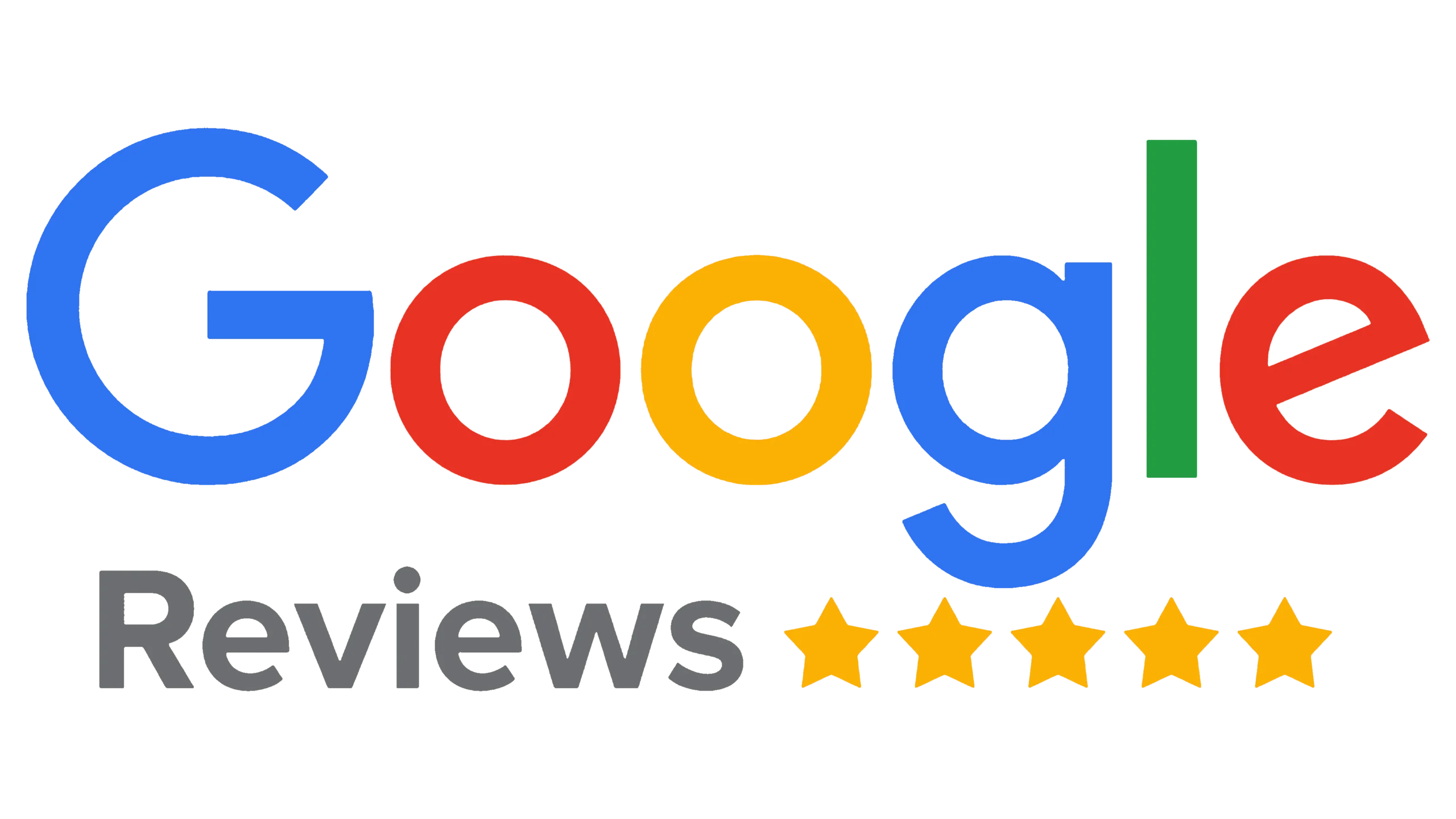 Google Reviews logo with the Google text in color and the word "Reviews" in black, followed by five yellow stars indicating a high rating.