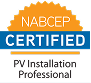 NABCEP Certified badge with text "PV Installation Professional" on a black background.