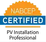 NABCEP Certified badge with text "PV Installation Professional" on a black background.