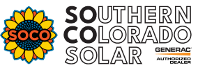 Logo for Southern Colorado Solar, featuring a stylized sunflower with "SOCO" in the center and the text "Southern Colorado Solar Generac" to the right.