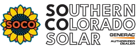 Logo for Southern Colorado Solar, featuring a stylized sunflower with "SOCO" in the center and the text "Southern Colorado Solar Generac" to the right.