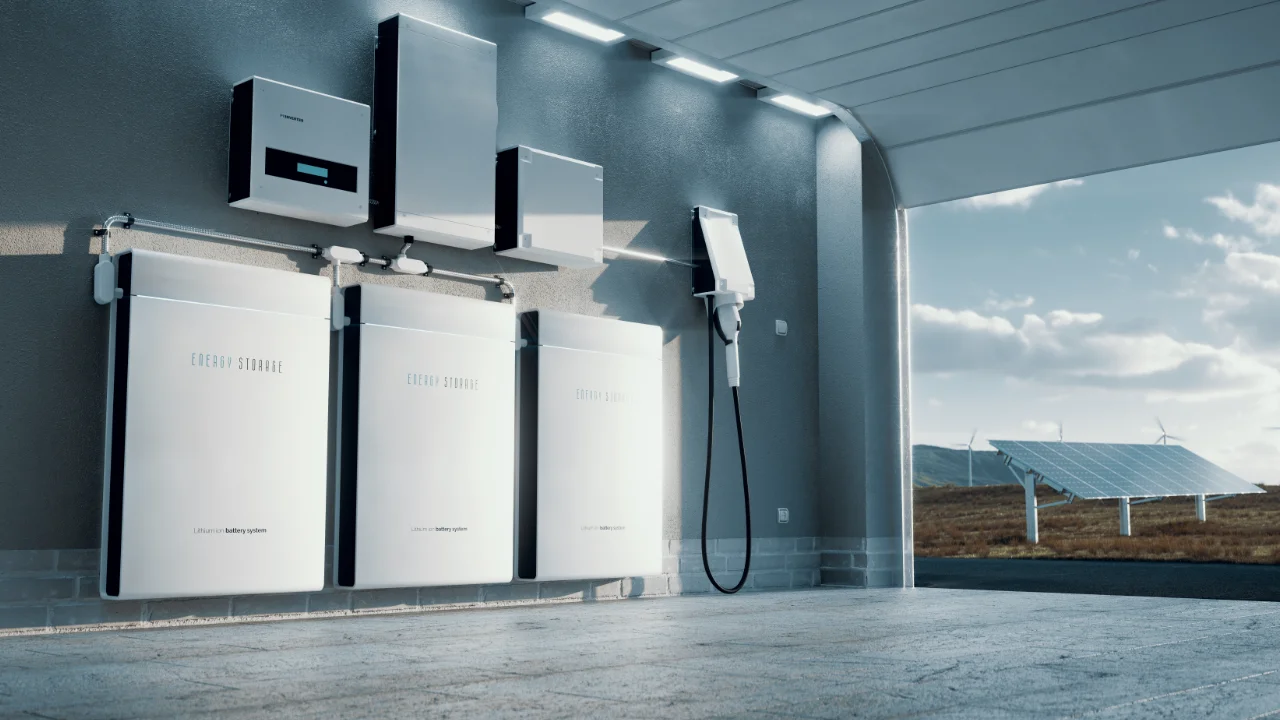 Solar battery storage system with solar panels outdoors