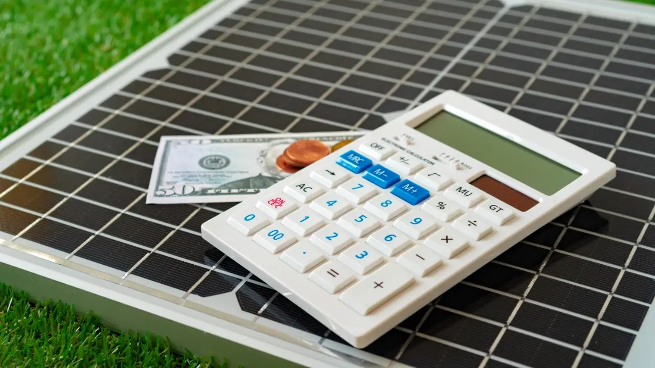 A calculator, a dollar bill, and coins placed on top of a solar panel, with artificial grass visible at the edges.